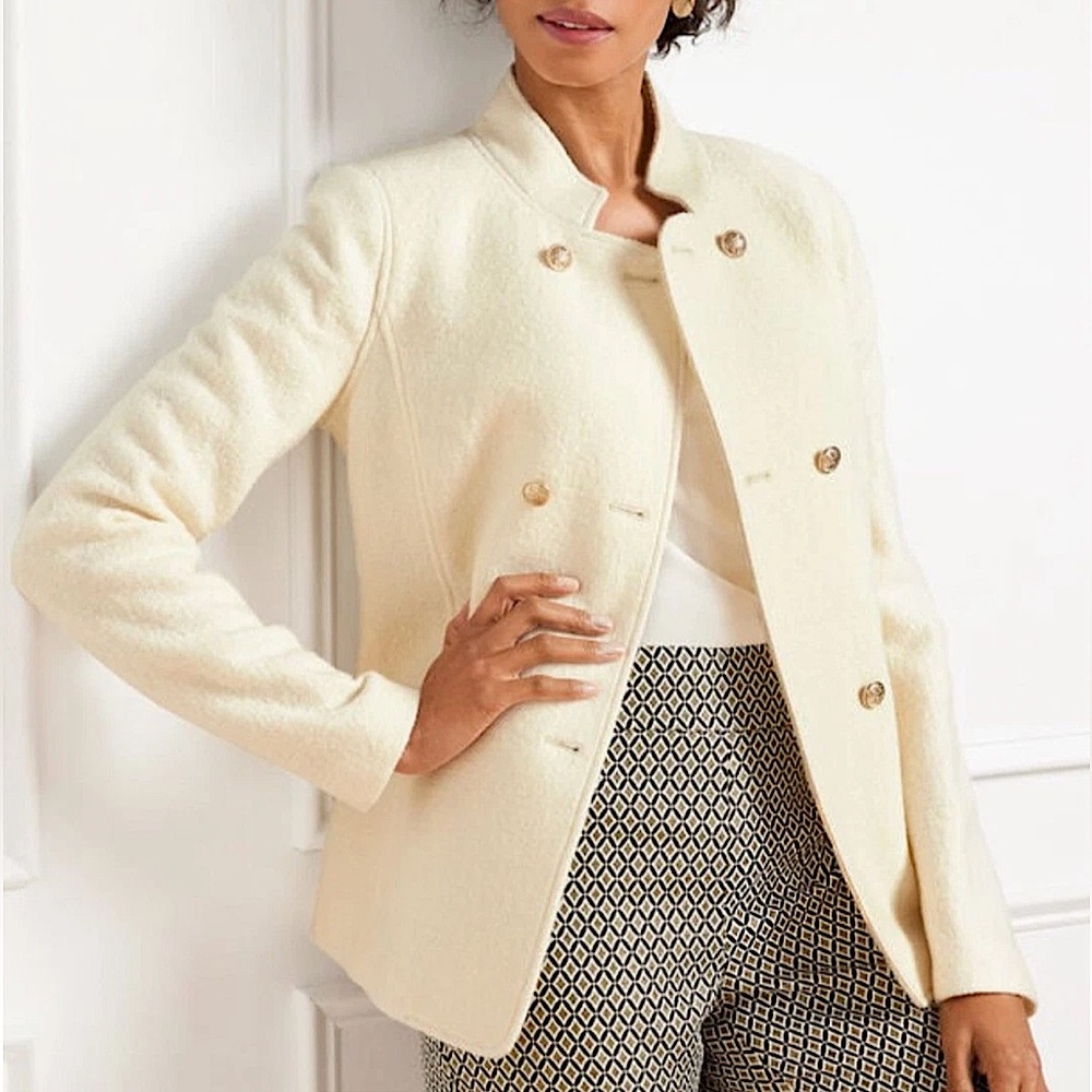 Talbots Double Breasted Boucle Boiled Wool Blend Short Coat Ivory Size 14